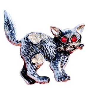 VTG Enamel Black Cat Brooch Red Rhinestone Eyes Halloween Creepy Cute Pin
